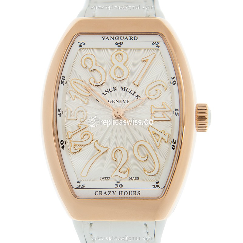 Franck Muller V32 CH Replica - Automatic - 18kt Rose Gold - White Dial, Leather Strap - Luxury Replica CRAZY HOURS Watch