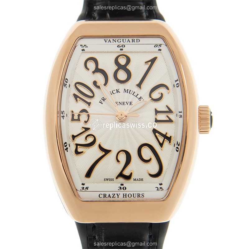 Franck Muller V 32 CH Replica - Automatic - 18kt Rose Gold Case - White Dial, Leather Strap - Luxury Replica CRAZY HOURS Watch