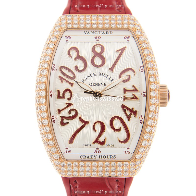 Franck Muller V32 CH D - 18kt Rose Gold & Diamond - Automatic - White Dial - Red Rubber Strap - Luxury Replica VANGUARD Watch