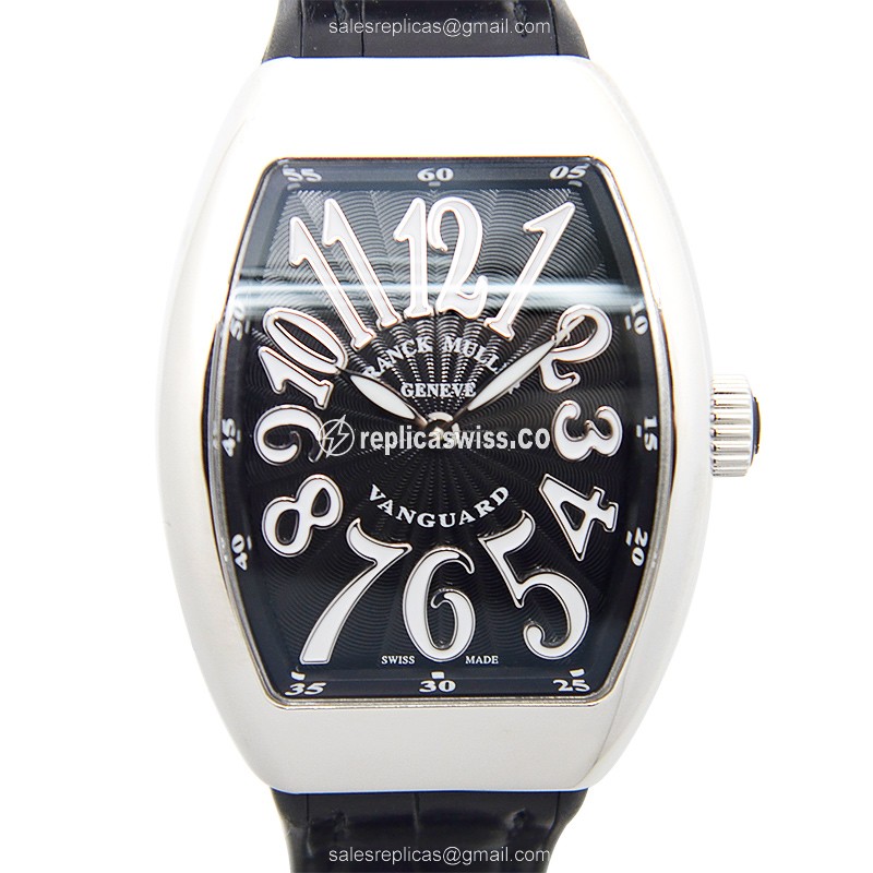 Franck Muller V 32 QZ Replica - Quartz - Stainless Steel Case - Black Dial, Leather Strap