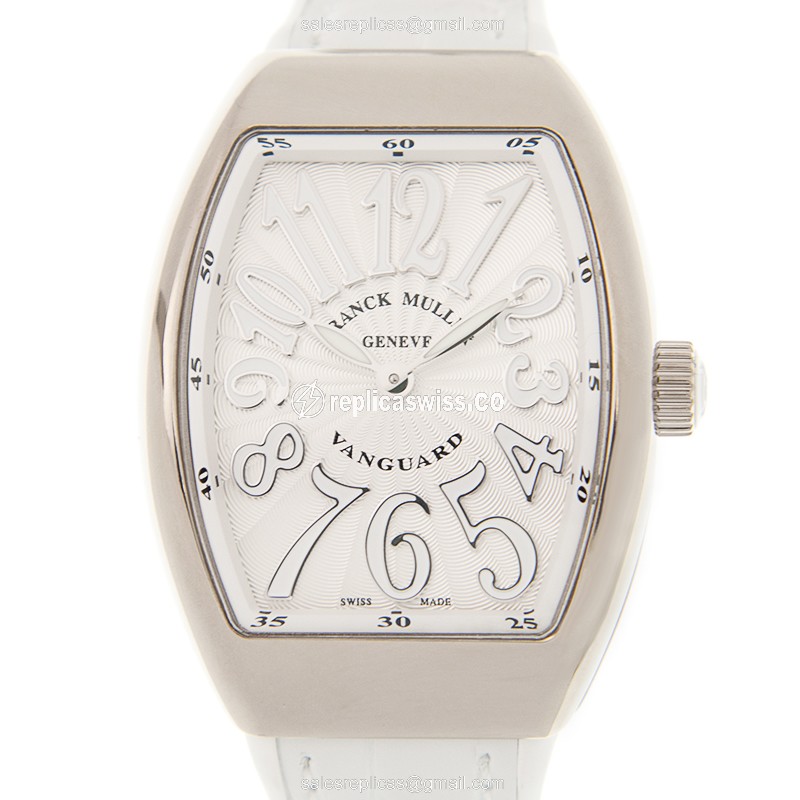 Franck Muller Vanguard Quartz - 18kt White Gold - Silver Dial - Leather White Strap - Buckle Clasp