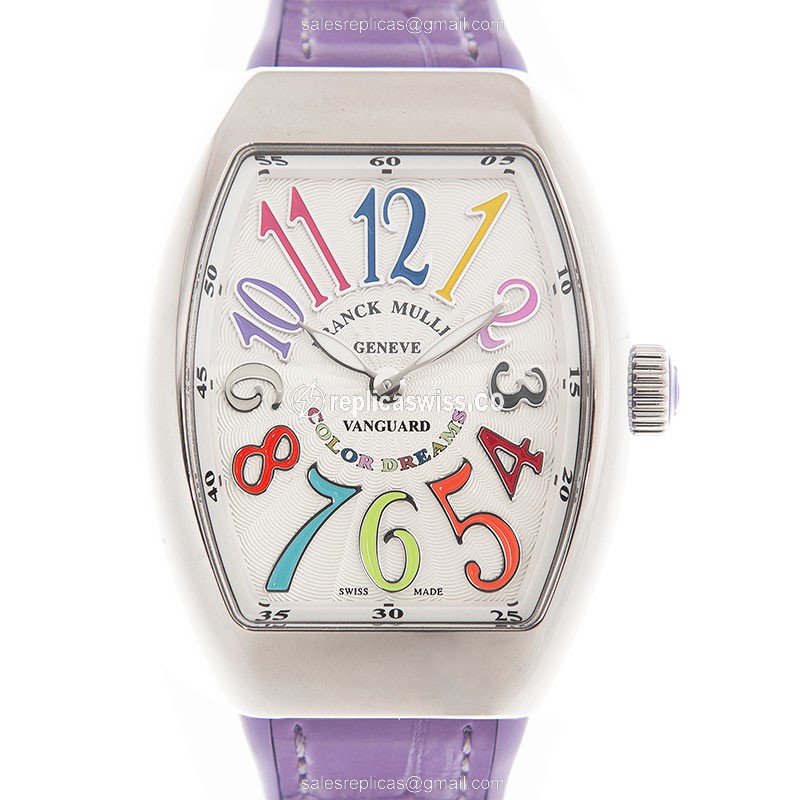 Franck Muller V32 QZ COL DRM - Quartz - Steel Case - White Dial - Purple Leather Strap - Buckle Clasp - Luxury Replica VANGUARD Watch