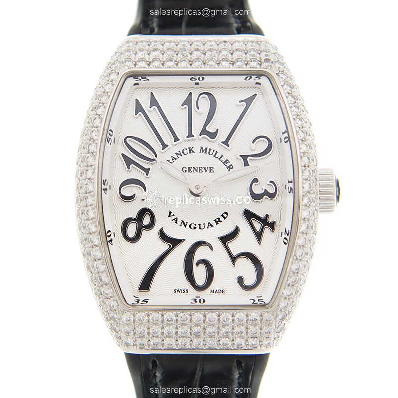 Franck Muller V32 QZ D Quartz - Diamond Case - White Dial - Black Leather Strap - Luxury Replica VANGUARD Watch