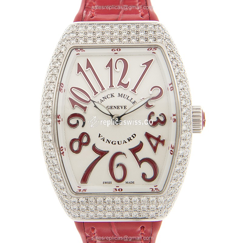 Franck Muller V32QZ D Quartz - Diamond Case - White Dial - Red Leather Strap - Luxury Replica VANGUARD Watch