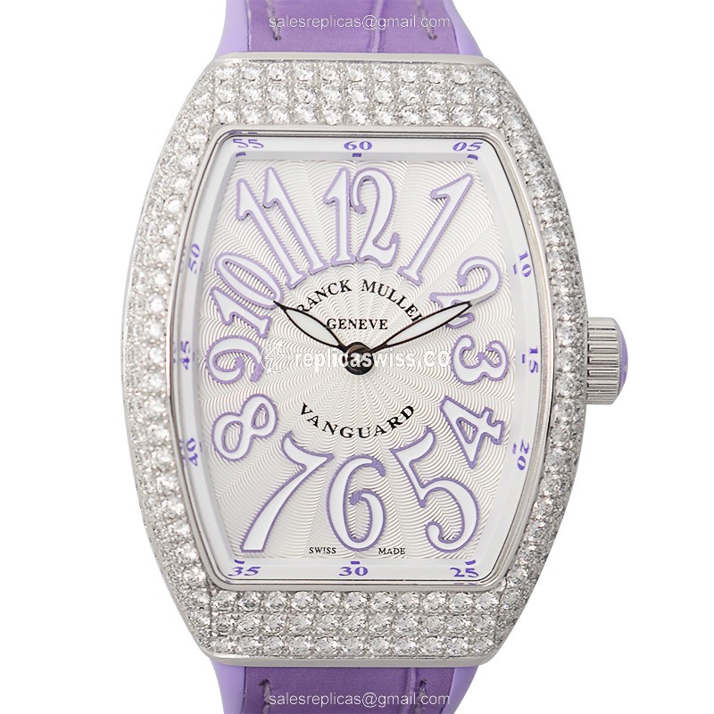 Franck Muller V32 QZ D Vanguard Quartz - Diamond Case - White Dial - Leather Purple Strap