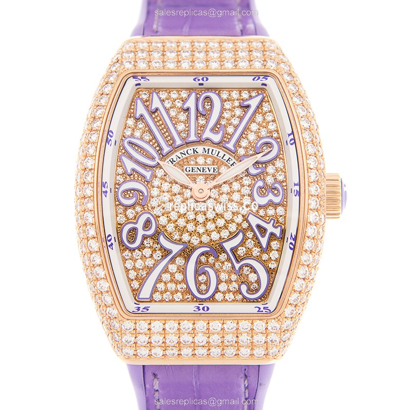 Franck Muller V 32 QZ D CD Vanguard Quartz - 18kt Rose Gold Case, Silver Dial, Leather Purple Strap