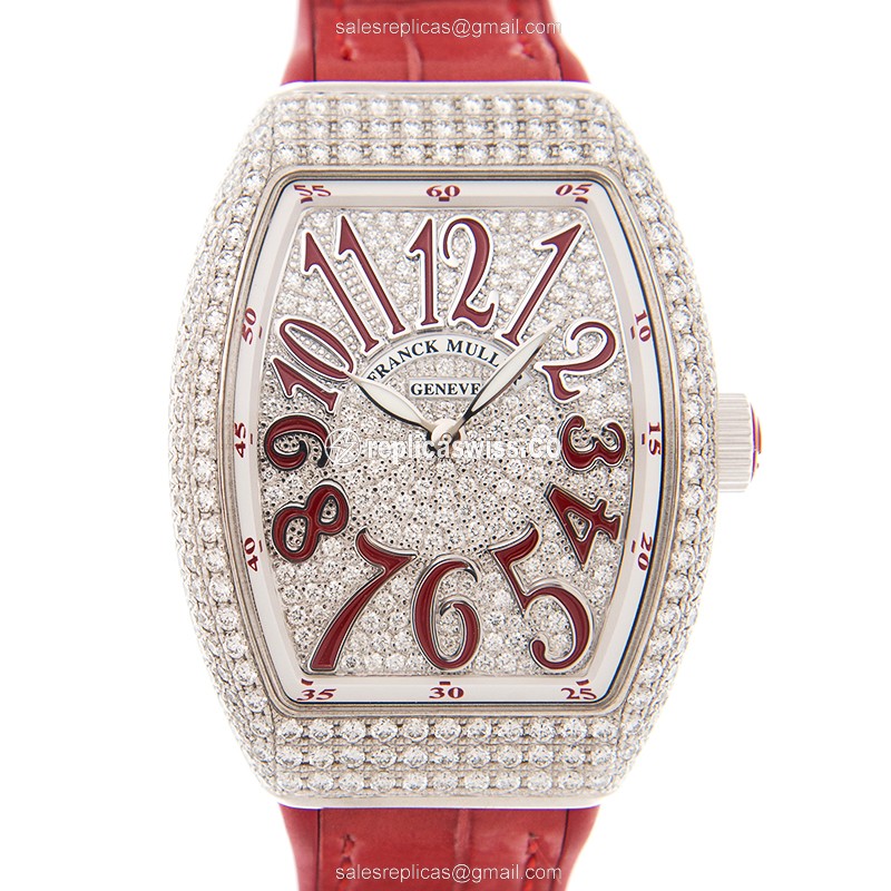 Franck Muller V 32 QZ D CD AC.RG - Replica - Quartz - 18kt White Gold - Diamond Set - Silver Dial - Red Alligator Strap
