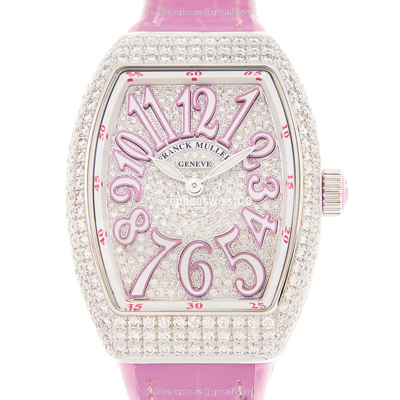 Franck Muller Vanguard Quartz - Silver Dial, Diamonds - Buckle Clasp, Pink Alligator Strap