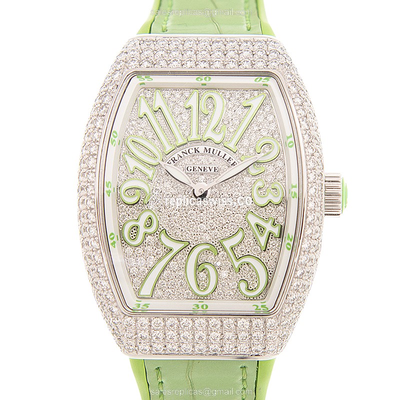 Franck Muller V32 QZ D CD Vanguard Quartz - Diamond Case - Silver Dial - Green Leather Strap - Luxury Replica VANGUARD Watch
