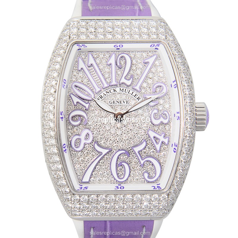 Franck Muller V32QZCD Quartz - Diamond Case - Silver Dial - Leather Purple Strap