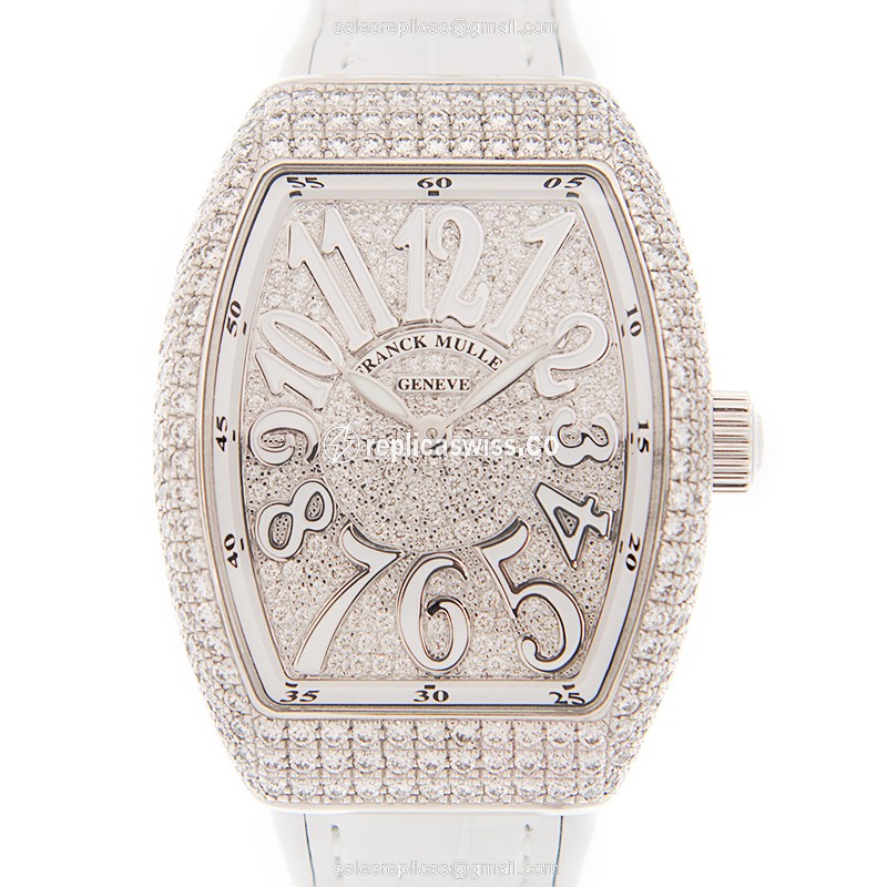 Franck Muller Vanguard Quartz 18kt White Gold - Diamond Dial - Silver - Alligator White Strap