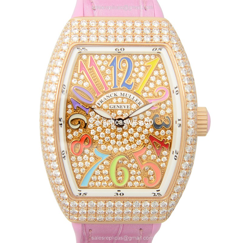 Franck Muller V32QZ CD COL DRM - Quartz - 18kt Rose Gold - Diamonds - Pink Leather Strap