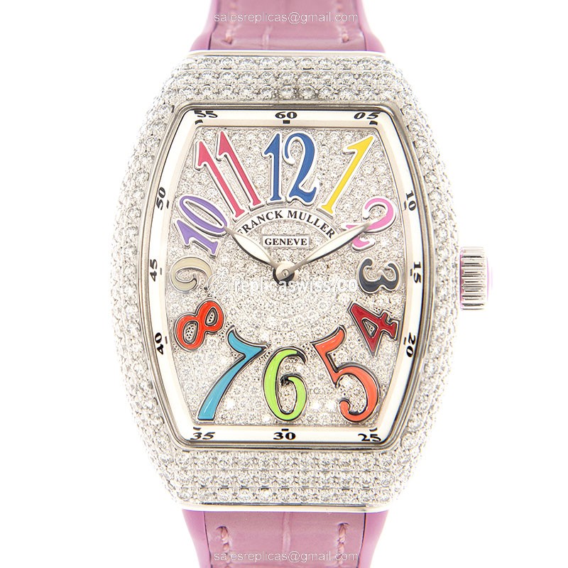 Franck Muller V32QZCD COL DRM Vanguard Quartz - Silver Dial, Diamond Case, Pink Leather Strap