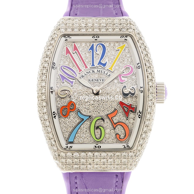 Franck Muller V 32 QZ D CD COL DRM AC.VL Vanguard Quartz - 18kt White Gold Case, Diamond Dial, Silver - Alligator Purple Strap