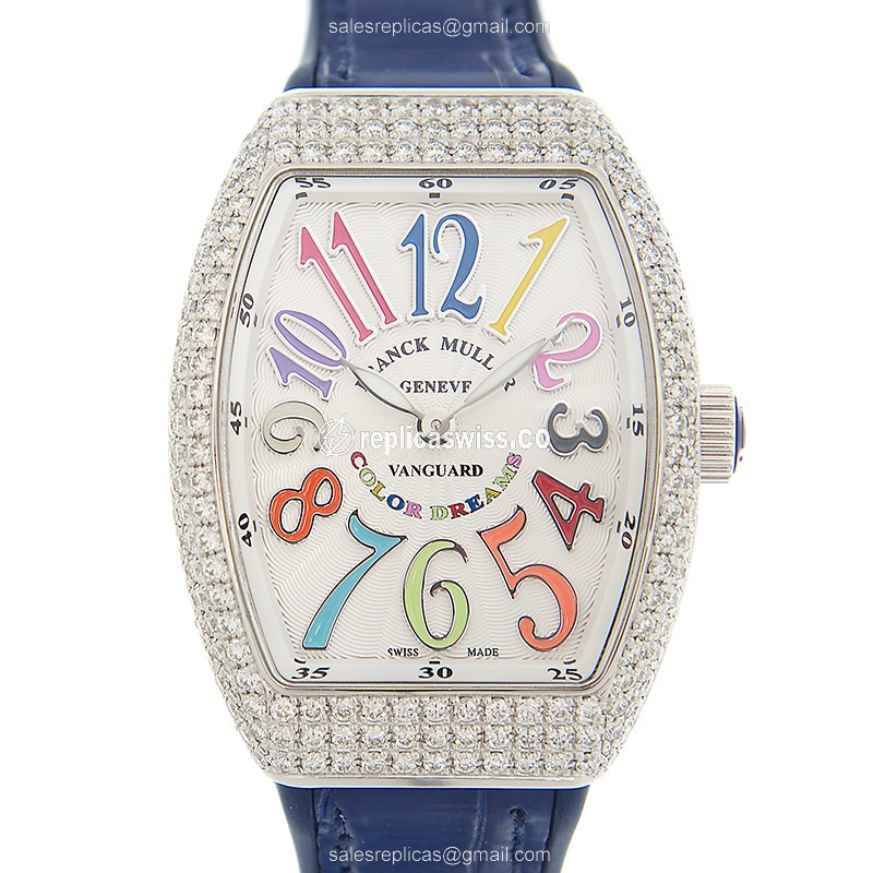Franck Muller V32QZ D COL DRM - Quartz - Diamond Case - White Dial - Blue Leather Strap - Luxury Replica VANGUARD Watch