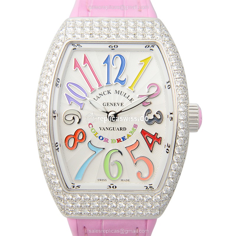 Franck Muller V32QZ D COL DRM Quartz Diamond Silver Dial Leather Pink Buckle