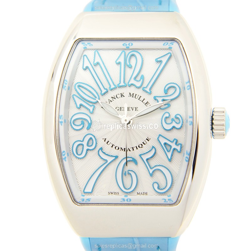 Franck Muller V 32 SC AT FO AC.BL Vanguard Replica - Automatic - Steel Case, Silver Dial on Blue Rubber Strap