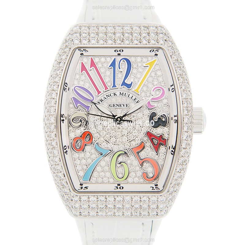 Franck Muller V 32 SC AT FO COL DRM D CD Vanguard Automatic - Diamond Case, Silver Dial, Leather Strap