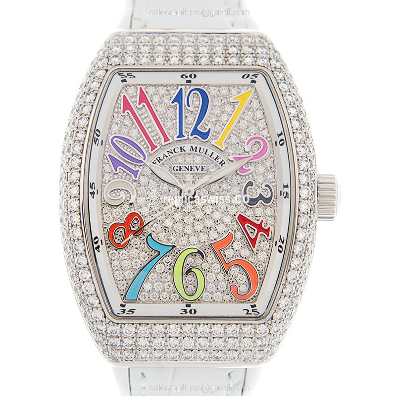 Franck Muller Vanguard - 18kt White Gold - Diamond Bezel - Silver Dial - Leather Strap - Buckle Clasp
