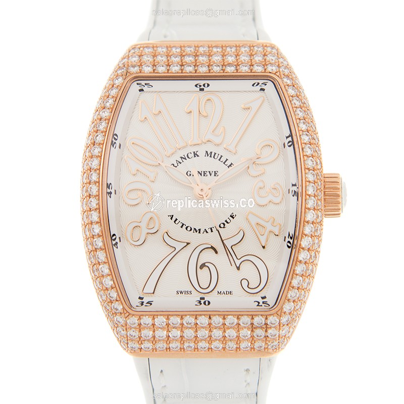 Franck Muller V32 SC AT FO D 18kt Rose Gold & Diamond Auto White Dial Buckle Alligator White - Luxury Replica VANGUARD Watch