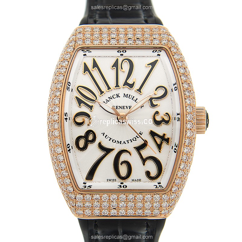 Franck Muller V32SCATFOD - White - Automatic - 18kt Rose Gold - Diamond - Leather Strap - Luxury Replica VANGUARD Watch