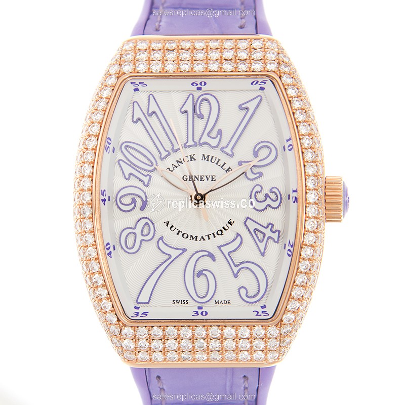 Franck Muller V 32 SC AT FO D 5N.VL Replica - Automatic - 18kt Rose Gold Case - White Dial on Purple Alligator Strap