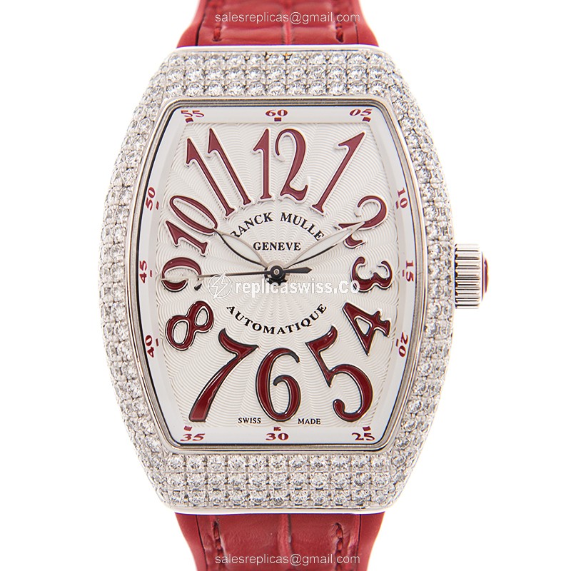 Franck Muller V32 SC AT FO D - Vanguard Auto - Diamond Case - White Dial - Red Alligator Buckle