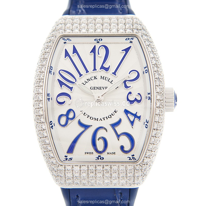 Franck Muller V 32 SC AT FO D AC.BU Vanguard - Automatic - Diamond Case - White Dial, Blue Alligator Strap