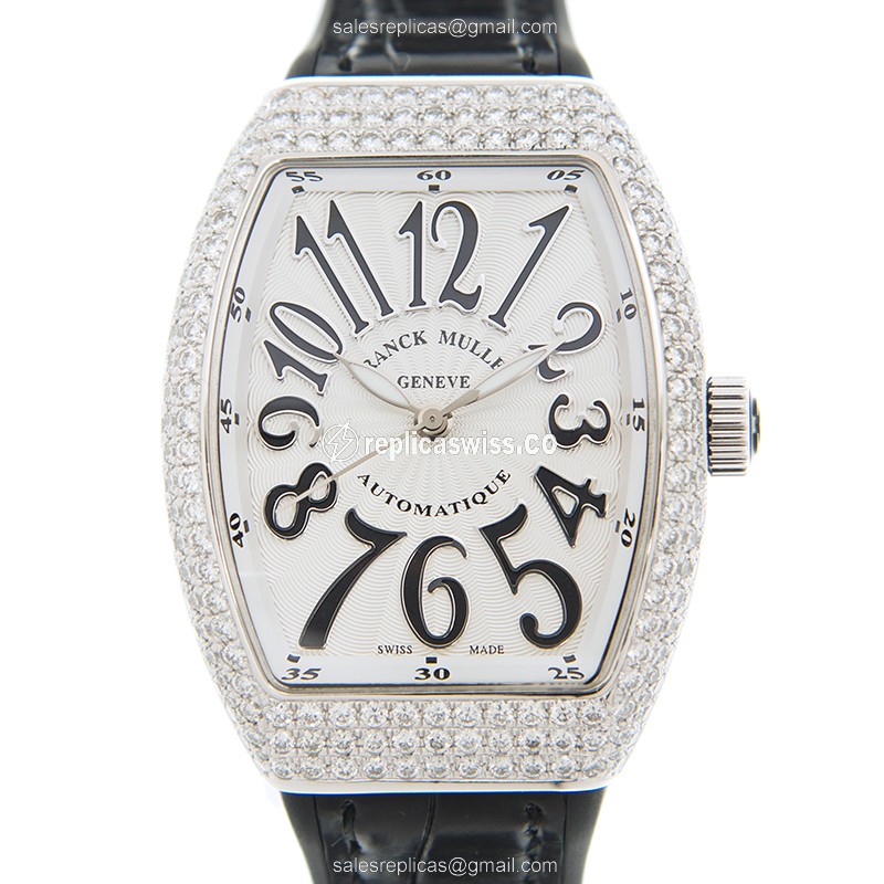 Franck Muller V32 SC AT FO D - Automatic - White Dial - Diamonds - Leather Strap - Luxury Replica VANGUARD Watch