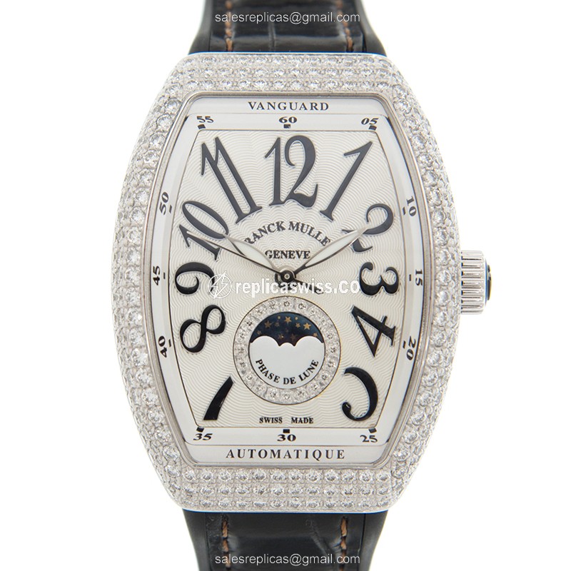 Franck Muller V32SC AT FO L D CD 1R Replica - Automatic - Stainless Steel Case - Diamond Accents - Silver Dial - Leather Black Strap - Buckle Clasp - Luxury Replica LADIES COLLECTION Watch