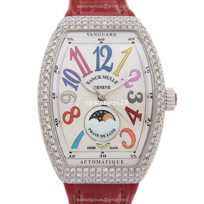 Franck Muller V32 SC AT FO L D COL DRM Replica - Automatic - Diamonds Case - Silver Dial - Red Rubber Strap