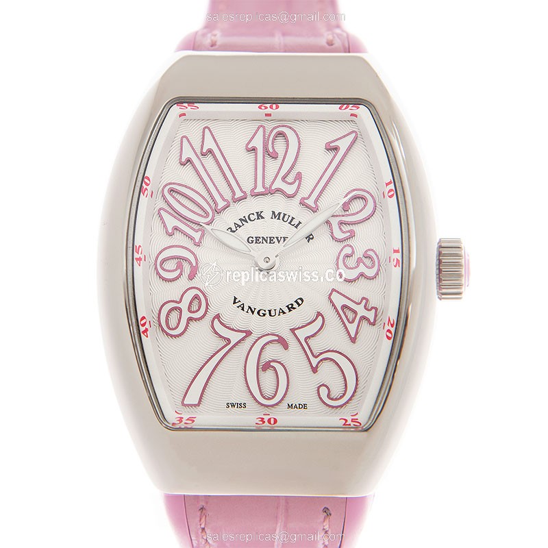 Franck Muller V 35 QZ Quartz - Silver Dial - Stainless Steel - Pink Leather Strap