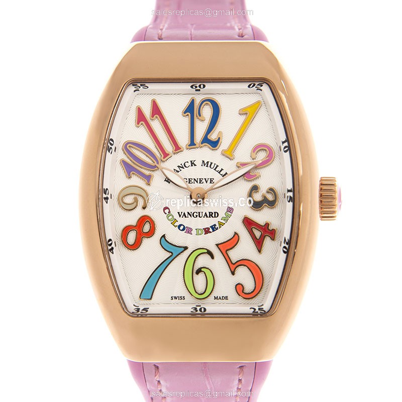 Franck Muller V35 QZ COL DRM 18kt Rose Gold Quartz Watch - White Dial, Pink Leather Strap