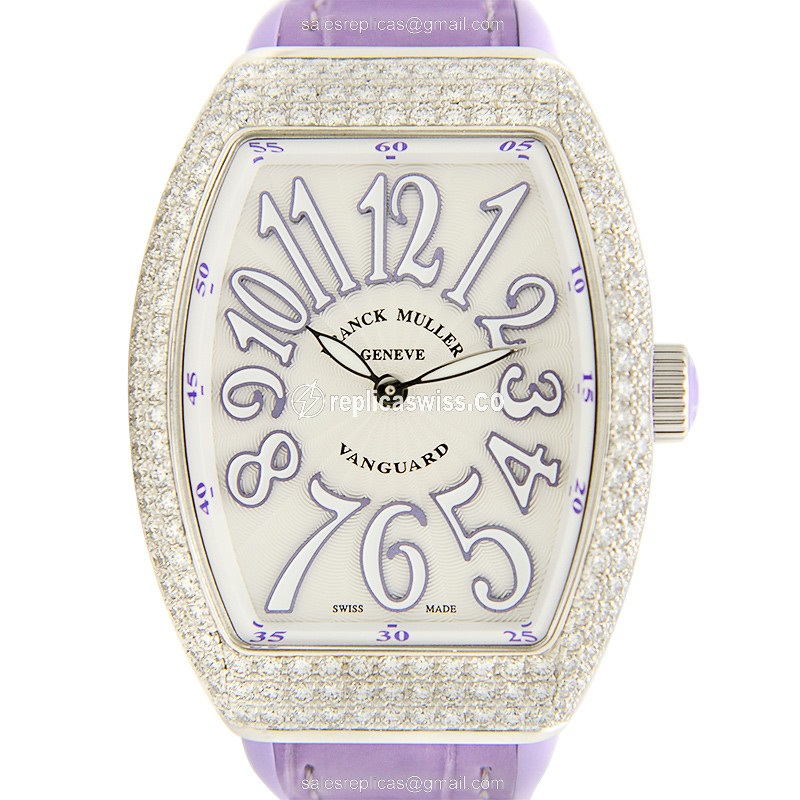 Franck Muller V35 QZ D Quartz - White Dial - Diamond Case - Leather Purple Strap - Buckle Clasp