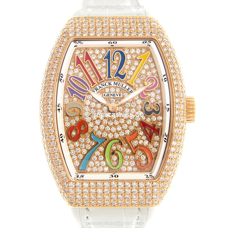 Franck Muller V 35 QZ D CD COL DRM - Quartz | 18kt Rose Gold | Diamond Dial | White Leather Strap - Luxury Replica VANGUARD Watch