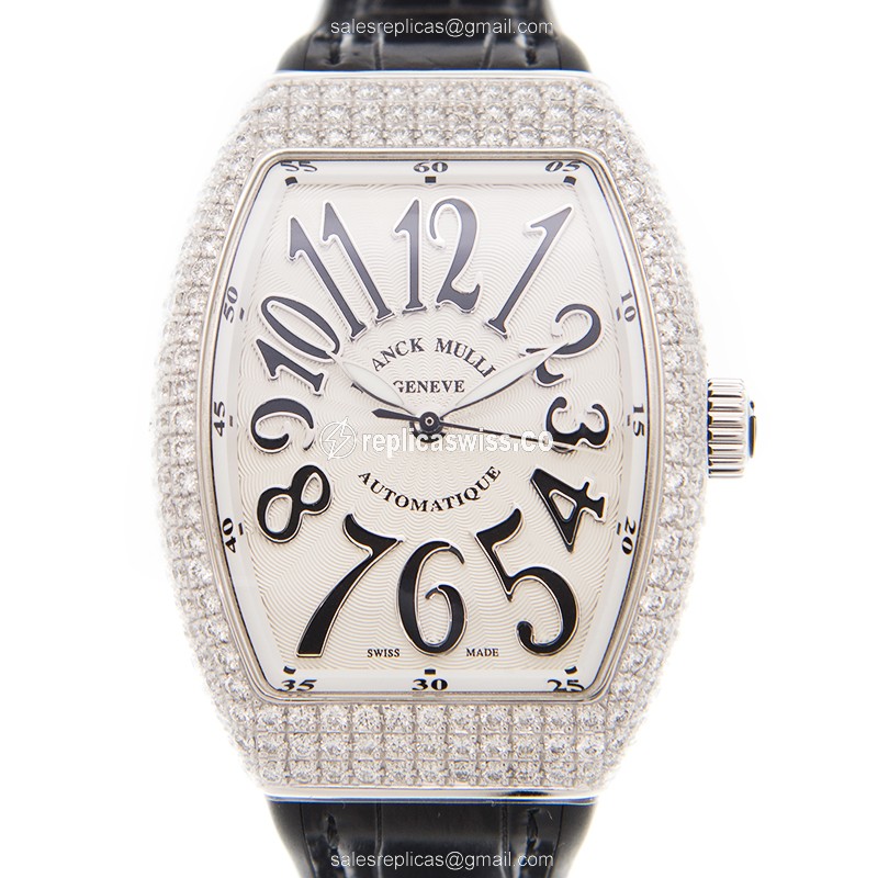 Franck Muller V 35 SC AT FO D Automatic - Diamond Case - White Dial - Black Alligator Strap - Luxury Replica VANGUARD Watch