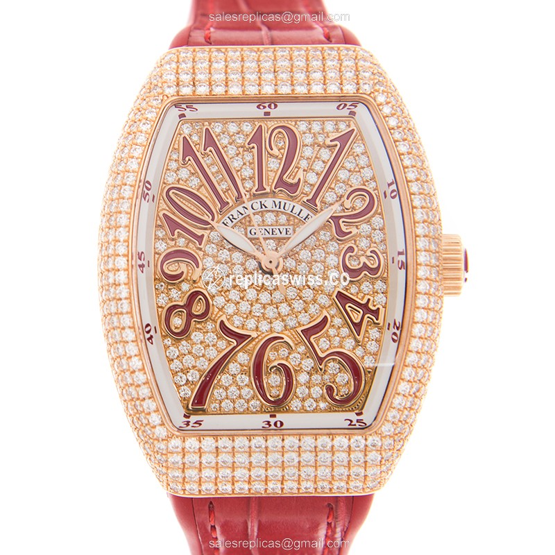 Franck Muller V35SCATFOD-18ktRoseGold&Diamonds-Automatic-GoldDial-LeatherRedBuckle