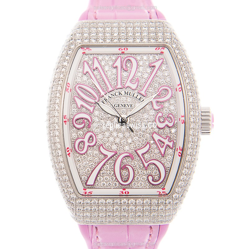Franck Muller V35 SC AT FO D CD Vanguard - Auto - Diamond Case - Silver Dial - Pink Alligator Strap