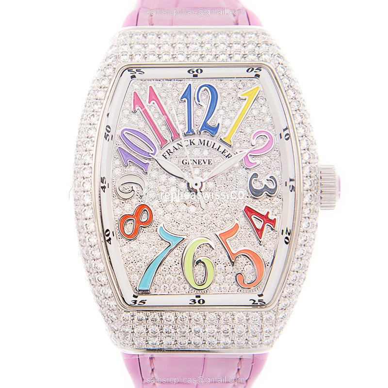 Franck Muller V35 SC AT FO D CD COL DRM - Vanguard Auto - Diamond Case - Silver Dial - Pink Alligator Strap