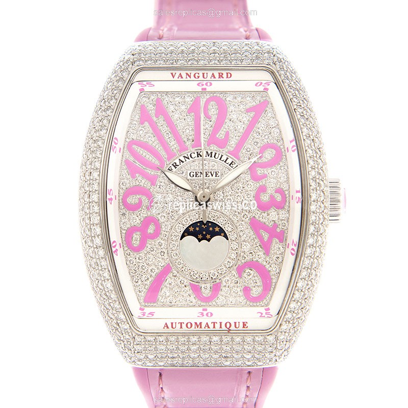 Franck Muller V35 SC AT FO L D CD Vanguard - Auto - Diamond Case - Silver Dial - Pink Leather Strap - Luxury Replica VANGUARD Watch