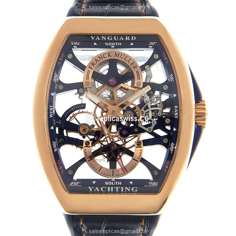 Franck Muller V 41 S6 SQT Yachtancing ANC Replica - Manual Wind - 18kt Rose Gold - Transparent Dial - Blue Leather Strap