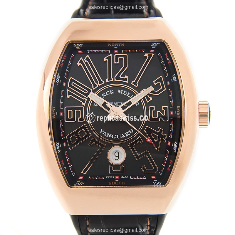 Franck Muller V 41 SC DT 5N.NR Vanguard - Auto - 18kt Rose Gold - Black Dial - Alligator Black Buckle - Luxury Replica VANGUARD Watch