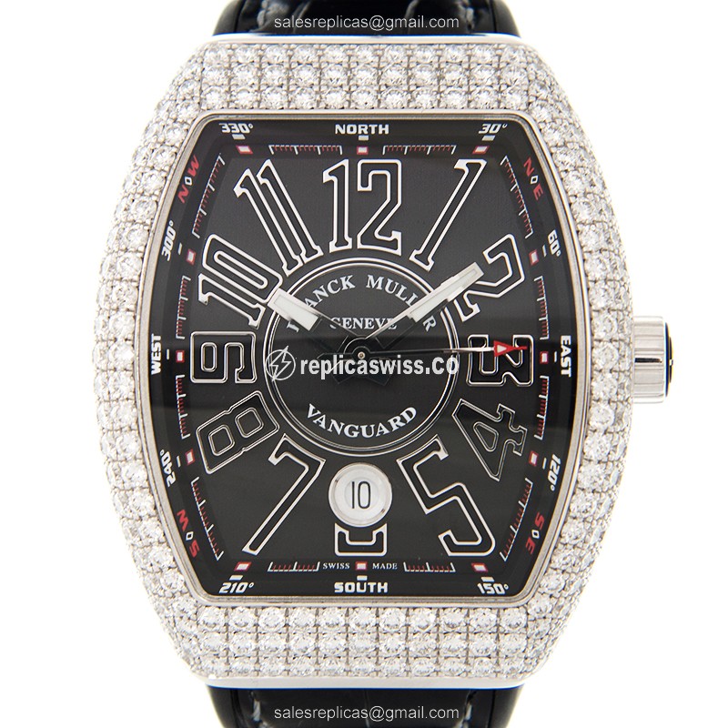 Franck Muller V41 SC DT D - Automatic - 18kt White Gold - Diamond - Black Dial - Leather Strap - Luxury Replica VANGUARD Watch