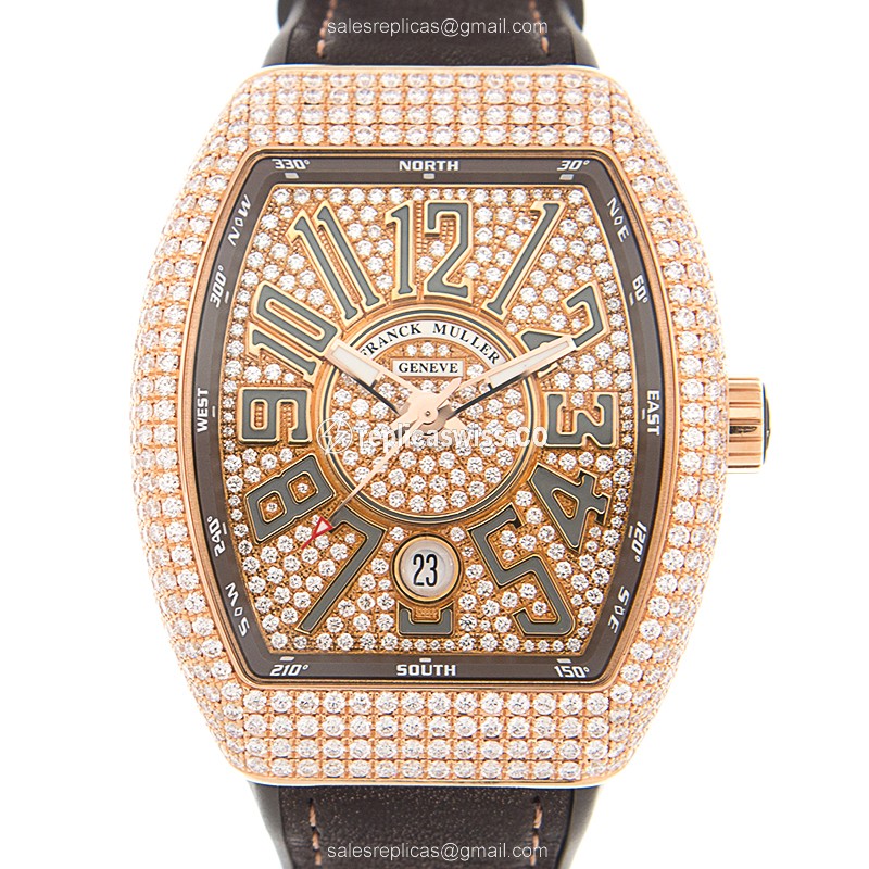 Franck Muller Vanguard - 18kt Rose Gold - Diamonds - Automatic - Gold Dial - Black Leather Strap - Luxury Replica VANGUARD Watch