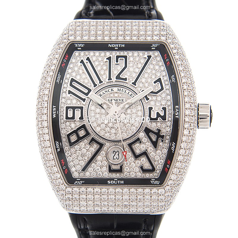 Franck Muller Vanguard Replica - Automatic - 18kt White Gold - Diamond - Silver Dial - Leather Strap - Black Buckle