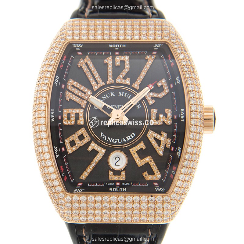 Franck Muller Vanguard - 18kt Rose Gold - Diamonds - Automatic - Black Dial - Leather Strap - Luxury Replica VANGUARD Watch