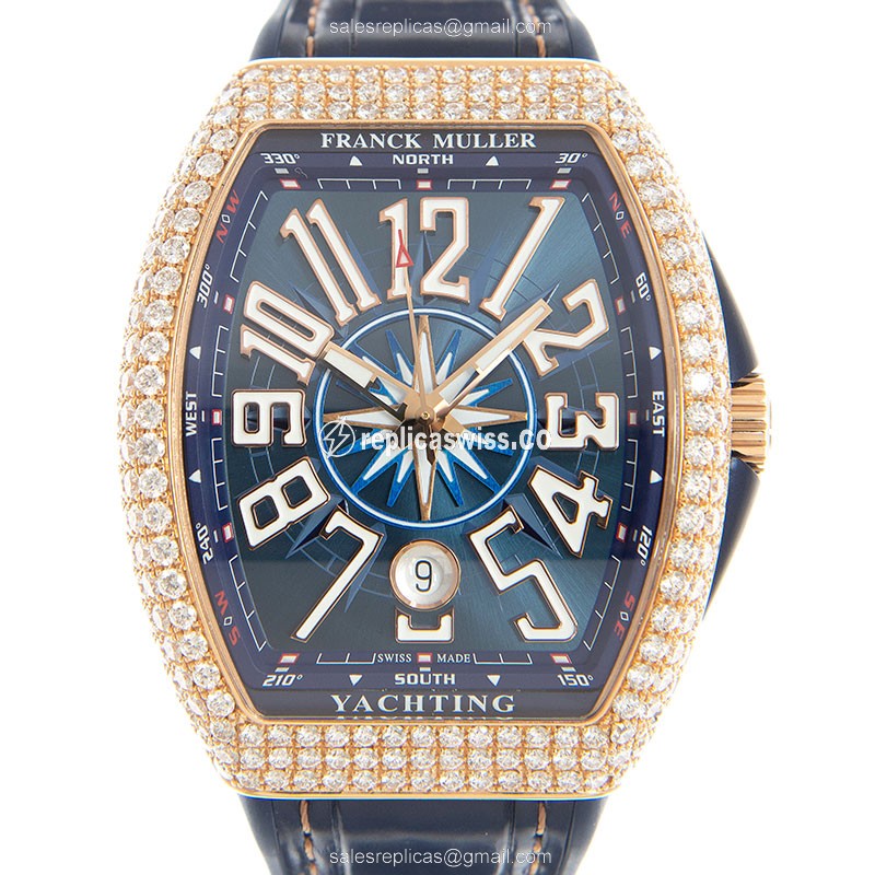Franck Muller V 41 SC DT D YACHTING Replica - Automatic - 18kt Rose Gold Case - Blue Dial & Diamond bezel