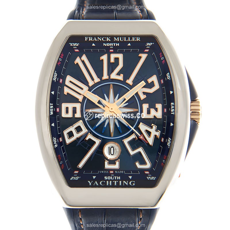 Franck Muller V41 SC DT YACHTING STG AC.BL VANGUARD - Auto - Blue Dial - Steel Case - Blue Leather Strap - Luxury Replica VANGUARD Watch