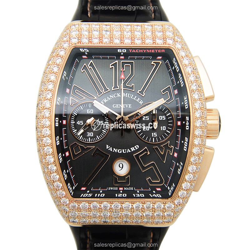 Franck Muller V 45 CC DT D 5N Vanguard Replica - Automatic - Rose Gold Case - Diamonds - Black Dial, Leather Strap - Luxury Replica VANGUARD Watch
