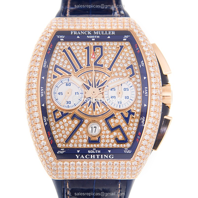 Franck Muller V45CCDTD - Rose Gold Case - Automatic Movement - Diamond Gold Dial - Blue Leather Strap - Buckle Clasp